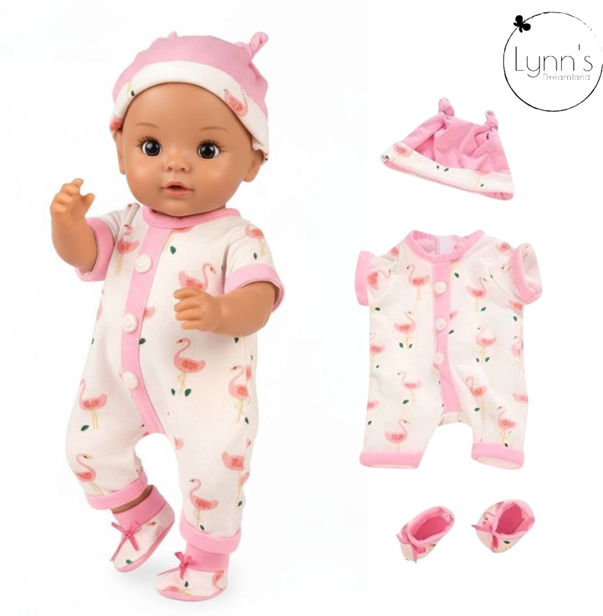 Lynns poppenkleertjes - Geschikt voor Babypop - Roze Flamingo Pyjama - Muts en slofjes - Poppenkleding voor 43cm pop- In cadeauzakje
